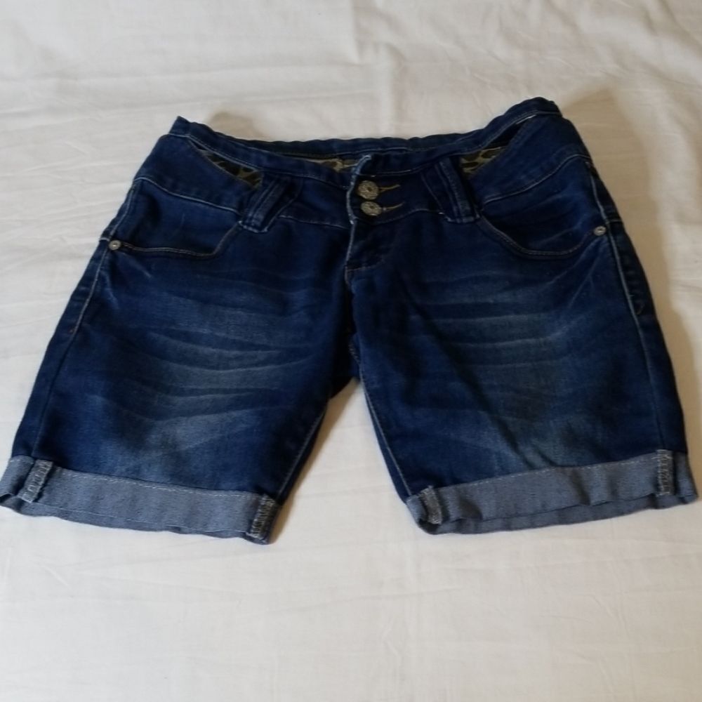 Blue Denim Shorts with‎ Cheetah Print Accents